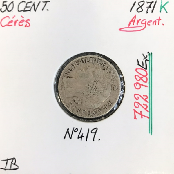 50 CENTIMES CERES - 1871K - Pièce de monnaie en Argent // TB