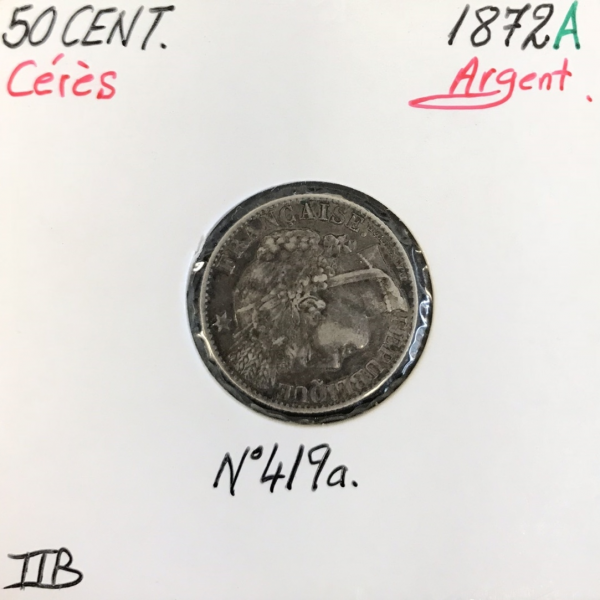 50 CENTIMES CERES - 1872A - Pièce de monnaie en Argent // TTB