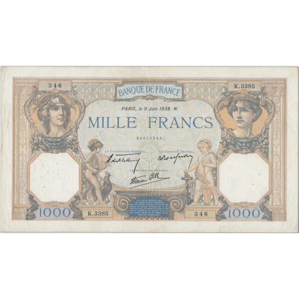 1000 FRANCS CERES ET MERCURE (9.6.1938) Billet de banque français // TTB