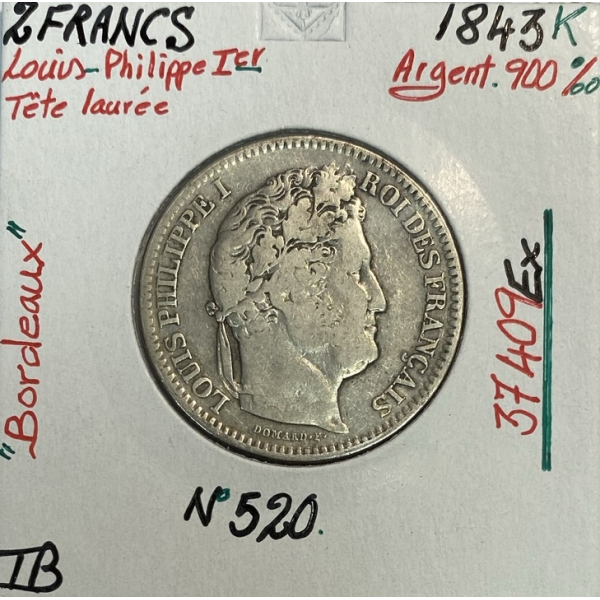 2 FRANCS LOUIS-PHILIPPE Ier - 1843K - Pièce de Monnaie en Argent // Qualité : TB