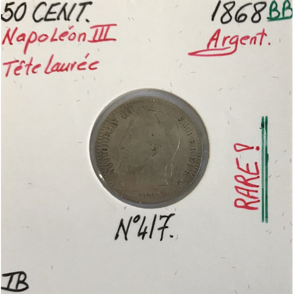 50 CENTIMES NAPOLEON III - 1868BB - Pièce de monnaie en Argent // TB