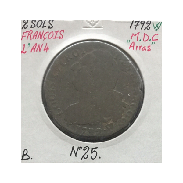 2 SOLS - FRANCOIS - LOUIS XVI - 1792W (ARRAS) - Pièce de Monnaie en MDC // B