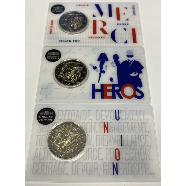 FRANCE - 2 EURO 2020 - MERCI - HEROS - UNION // 3 COINCARDS (BU)