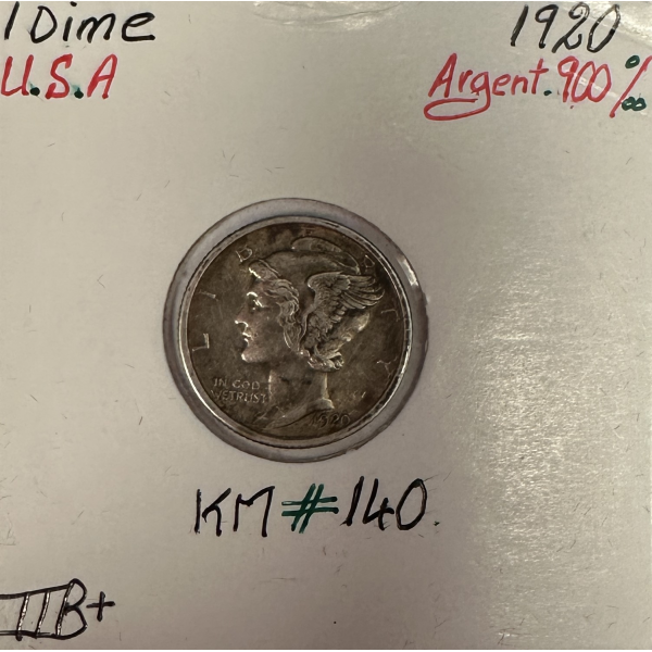 ETATS-UNIS - 1 DIME 1920 - Pièce de Monnaie en Argent / Qualité : TTB