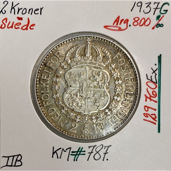 SUEDE - 2 KRONER 1937 G - Pièce de Monnaie en Argent // Qualité : TTB