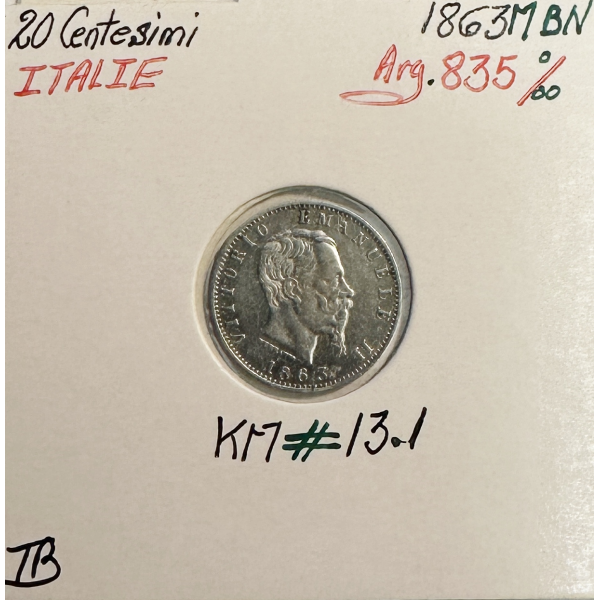 ITALIE - 20 CENTESIMI 1863M BN - Pièce de Monnaie en Argent // Qualité : TB