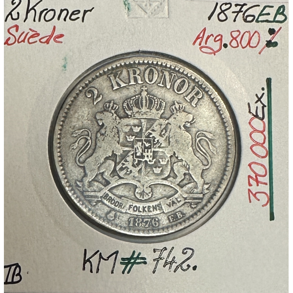 SUEDE - 2 KRONER 1876EB - Pièce de Monnaie en Argent // Qualité : TB