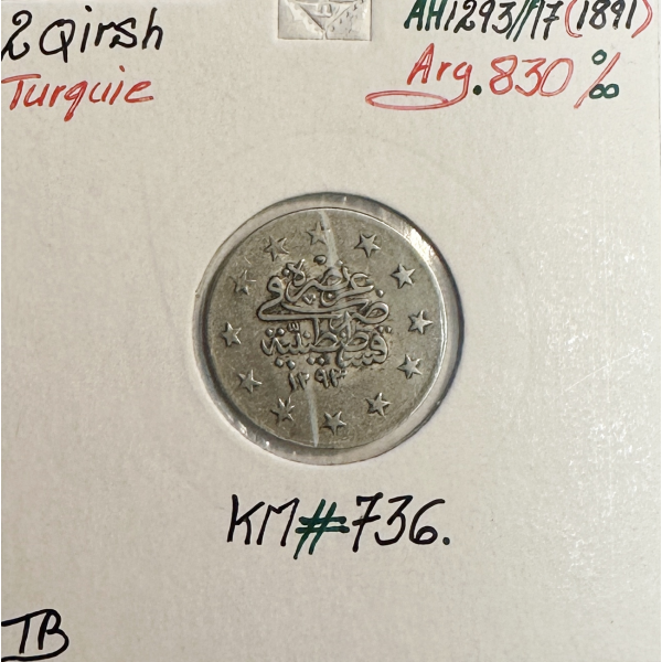 TURQUIE - 2 QIRSH 1891 (AH 1293/17) - Pièce de Monnaie en Argent // Qualité : TB