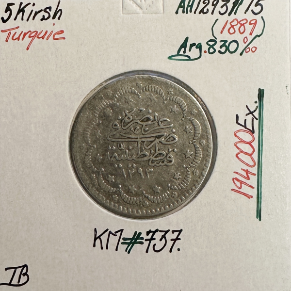 TURQUIE - 5 QIRSH 1889 (AH 1293/15) - Pièce de Monnaie en Argent // Qualité : TB