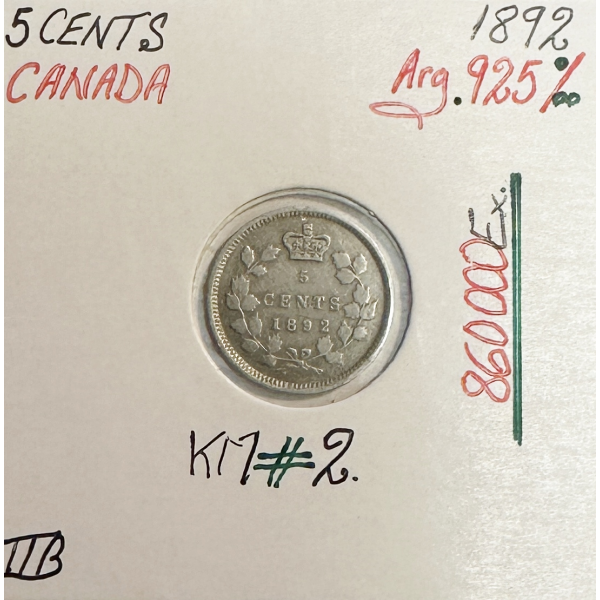 CANADA - 5 CENTS 1892 - Pièce de Monnaie en Argent // Qualité : TTB