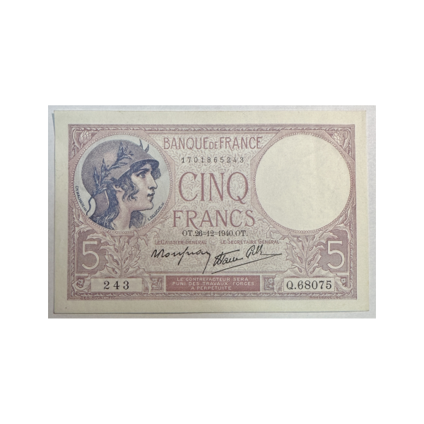 5 FRANCS VIOLET - 26.12.1940 - Billet de banque français // Qualité : TTB (243)