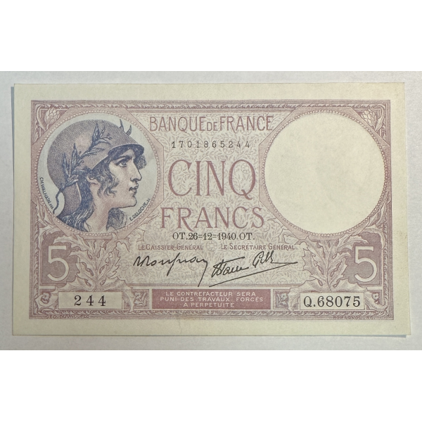 5 FRANCS VIOLET - 26.12.1940 - Billet de banque français // Qualité : TTB (244)