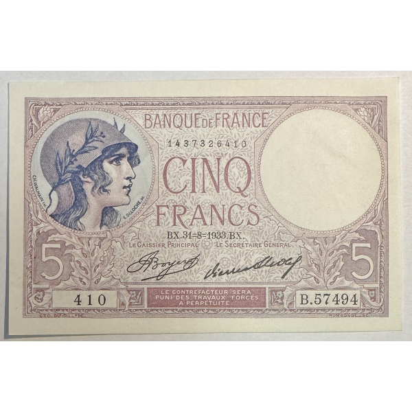 5 FRANCS VIOLET - 31.8.1933 - Billet de banque français // Qualité : TTB (410)