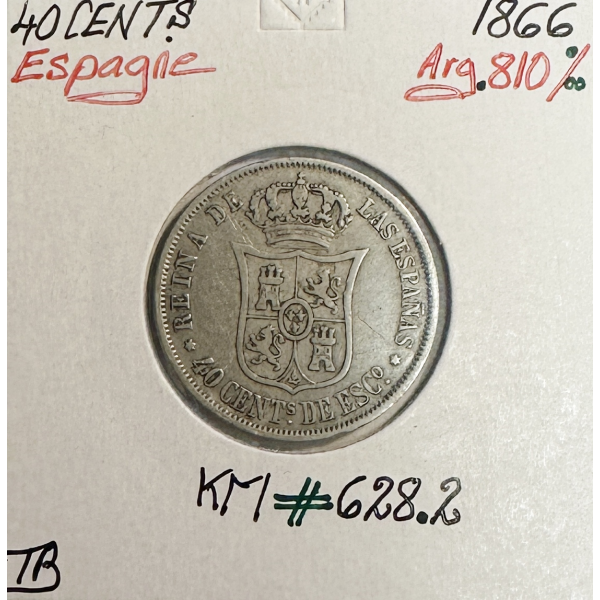 ESPAGNE - 40 CENT 1866 - Pièce de Monnaie en Argent // Qualité : TB