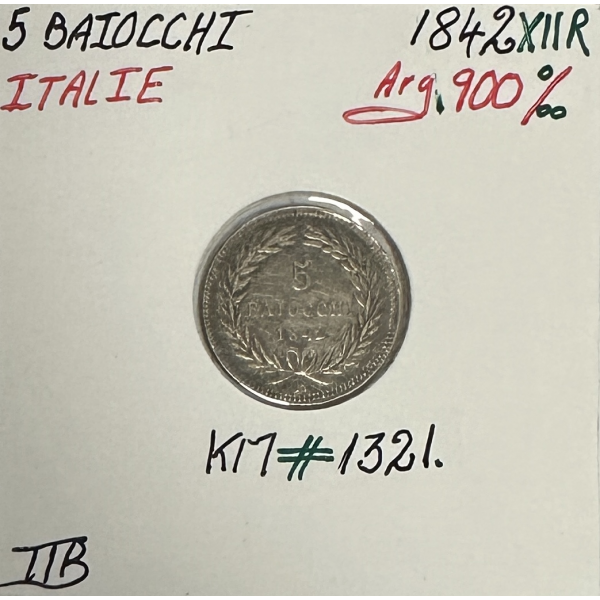 ITALIE - 5 BAIOCCHI 1842 (XIIR) - Pièce de Monnaie en Argent // Qualité : TTB