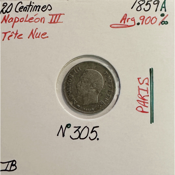 20 CENTIMES NAPOLEON III - 1859A - Pièce de monnaie en Argent // Qualité : TB