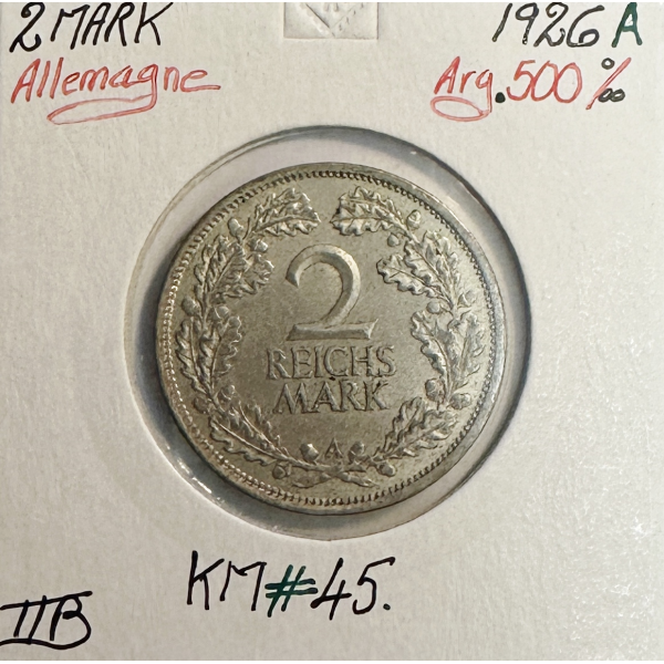 ALLEMAGNE - 2 MARK - 1926 A - Pièce de Monnaie en Argent // Qualité : TTB