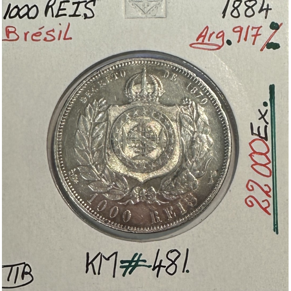 BRESIL - 1000 REIS 1884 - Pièce de Monnaie en Argent // Qualité : TTB