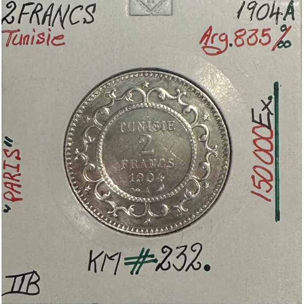 TUNISIE - 2 FRANCS 1904A (AH 1322) - Pièce de Monnaie en Argent // Qualité : TTB