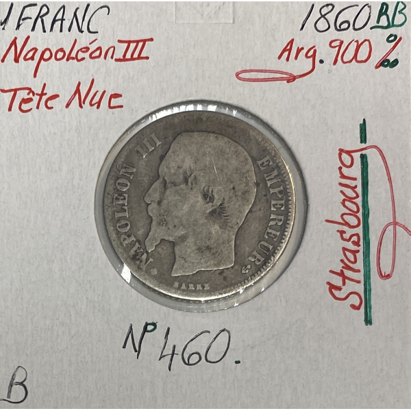 1 FRANC NAPOLEON III - 1860BB - Pièce de monnaie en Argent // Qualité : B