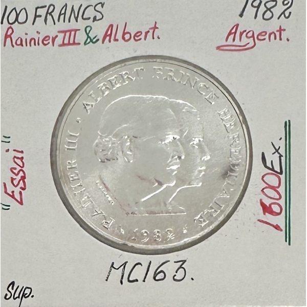 MONACO - 100 FRANCS 1982 (Rainier III et Albert) Monnaie en Argent // ESSAI