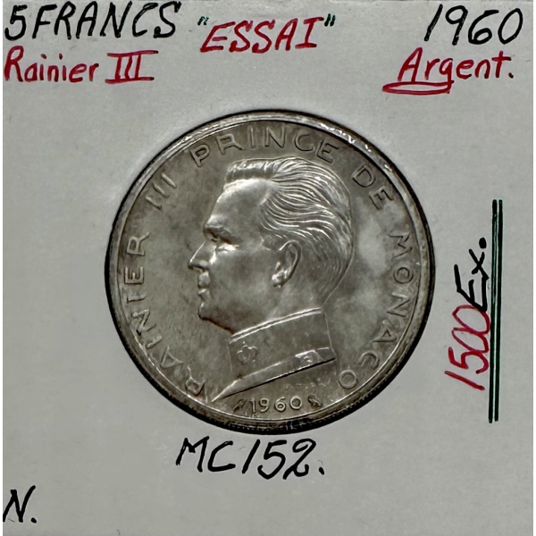 MONACO - 5 FRANCS 1960 (Rainier III) Monnaie en Argent // ESSAI