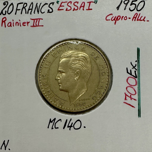 MONACO - 20 FRANCS 1950 (Rainier III) Monnaie en Cupro-Alu // ESSAI