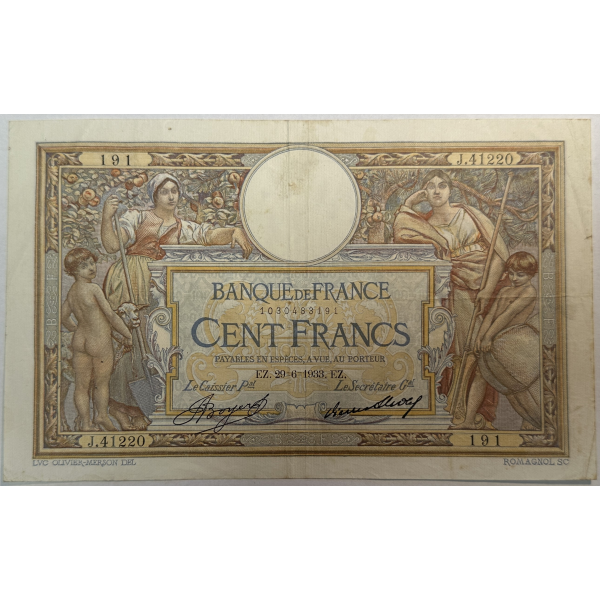 100 FRANCS MERSON (29.6.1933) Billet de banque français // Qualité : TB