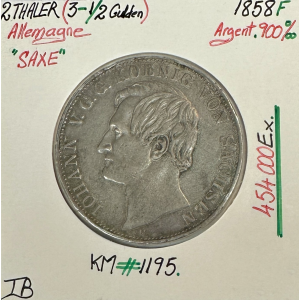 ALLEMAGNE (SAXE) 2 THALER (3-1/2 GULDEN) - 1858 F - Monnaie en Argent // TB