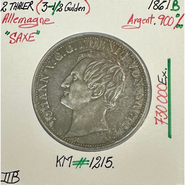 ALLEMAGNE (SAXE) 2 THALER (3-1/2 GULDEN) - 1861 B - Monnaie en Argent // TTB