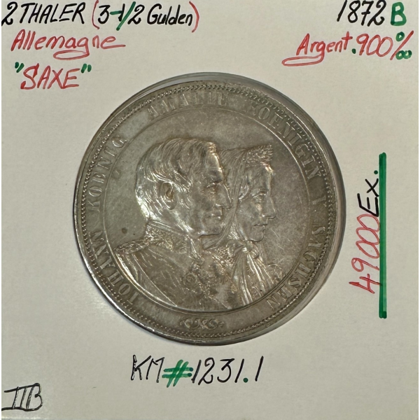 ALLEMAGNE (SAXE) 2 THALER (3-1/2 GULDEN) - 1872 B - Monnaie en Argent // TTB