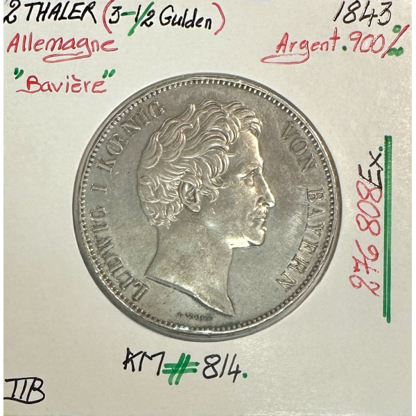 ALLEMAGNE (BAVIERE) 2 THALER (3-1/2 GULDEN) - 1843 - Monnaie en Argent // TTB