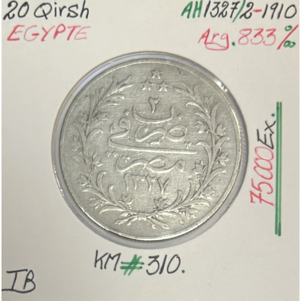 EGYPTE - 20 QIRSH 1910 (AH 1327/2) - Pièce de Monnaie en Argent // Qualité : TB