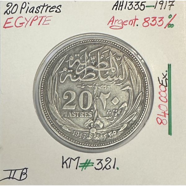 EGYPTE - 20 PIASTRES 1917 (AH 1335) Pièce de Monnaie en Argent // Qualité : TTB