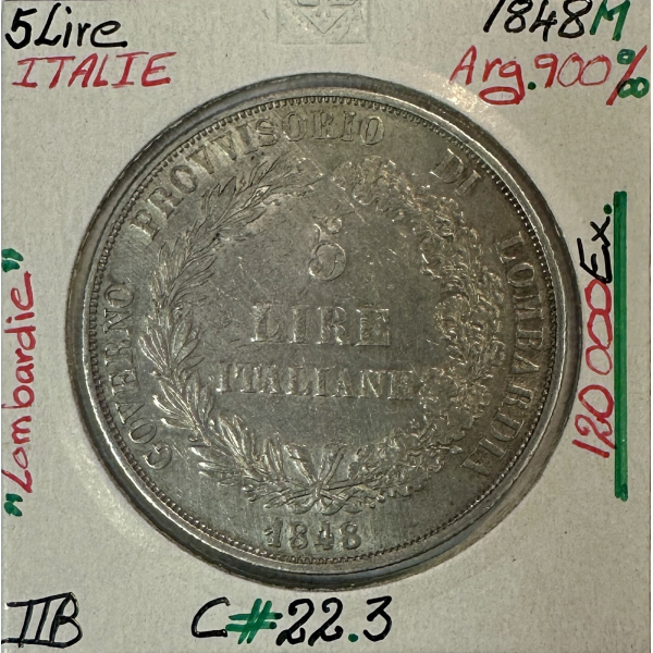 ITALIE - 5 LIRE 1848M - LOMBARDIE - Pièce de Monnaie en Argent // Qualité : TTB