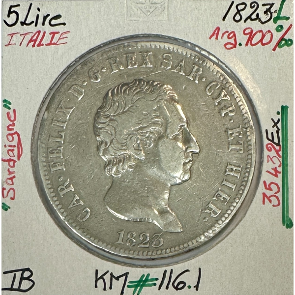 ITALIE - 5 LIRE 1823 L - SARDAIGNE - Pièce de Monnaie en Argent // Qualité : TB