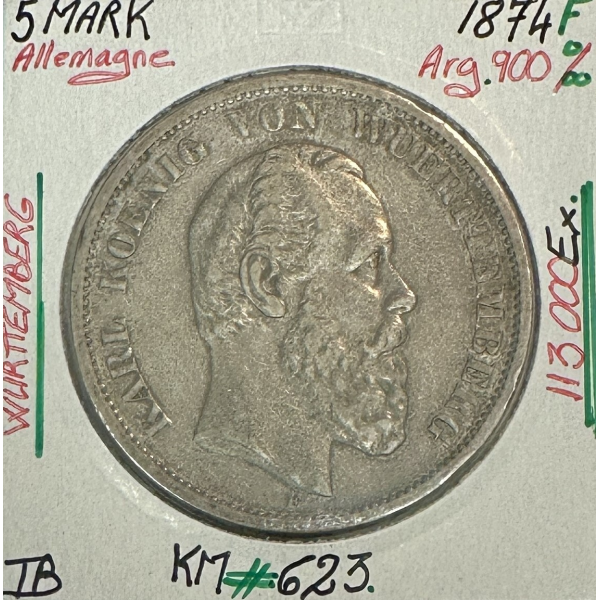 ALLEMAGNE WURTTEMBERG - 5 MARK 1874F - Monnaie en Argent // Qualité : TB