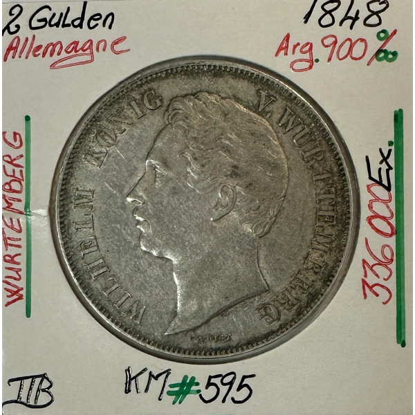 ALLEMAGNE WURTTEMBERG - 2 GULDEN 1848 - Monnaie en Argent // Qualité : TTB