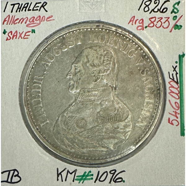 ALLEMAGNE (SAXE) 1 THALER - 1826 S - Pièce de Monnaie en Argent // TB