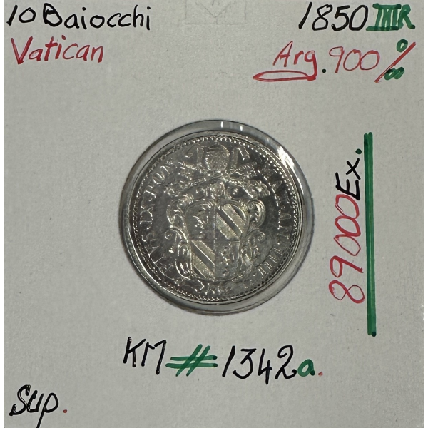 VATICAN - 10 BAIOCCHI 1850 (Pape PIE IX) Monnaie en Argent / Qualité : SUP