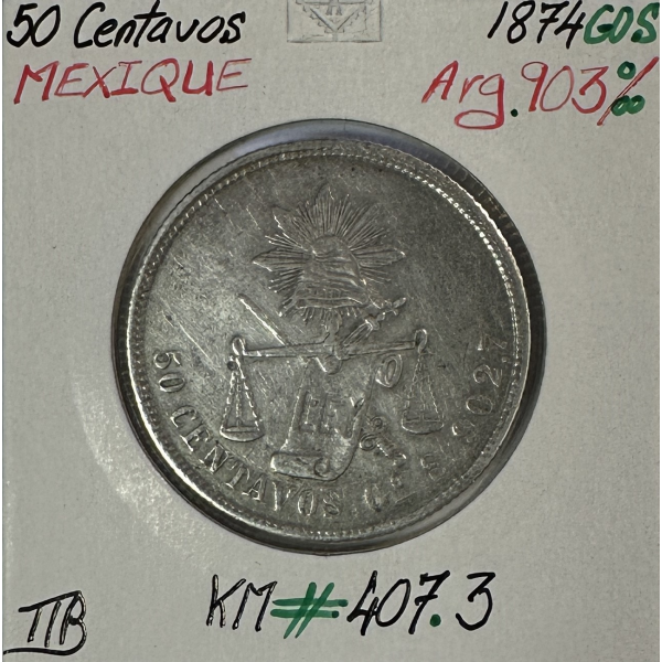 MEXIQUE - 50 CENTAVOS 1874 GOS - Pièce de Monnaie en Argent // Qualité : TTB