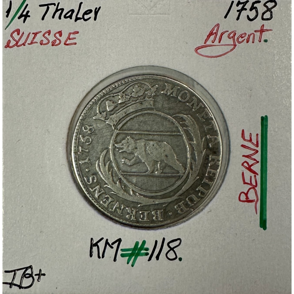 SUISSE BERNE - 1/4 THALER 1758 - Pièce de Monnaie en Argent // Qualité : TB