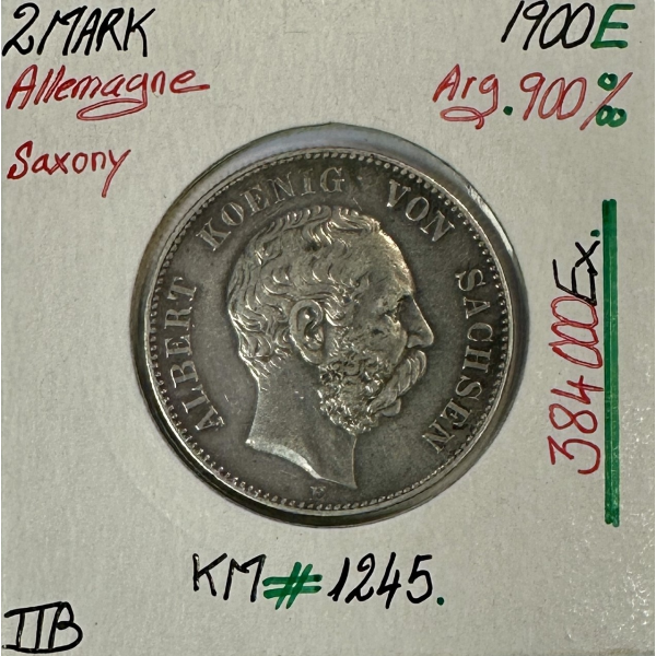 ALLEMAGNE SAXONY - 2 MARK - 1900 E - Pièce de Monnaie en Argent // TTB