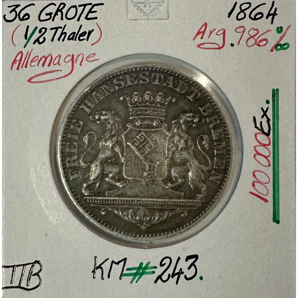 ALLEMAGNE - 36 GROTE (1/2 THALER) 1864 - Pièce de Monnaie en Argent // TTB