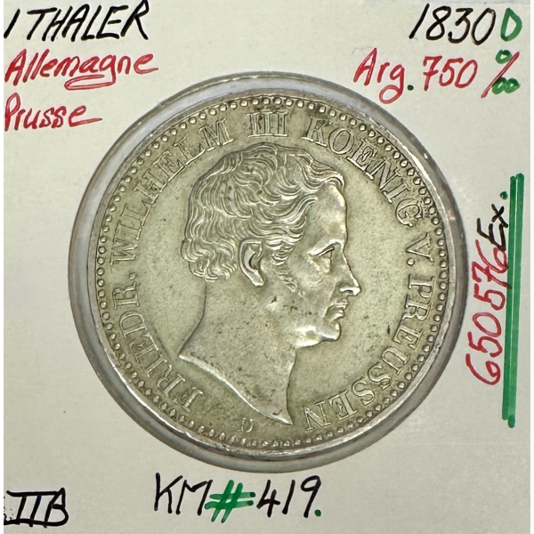 ALLEMAGNE (PRUSSE) 1 THALER - 1830 D - Pièce de Monnaie en Argent // TTB