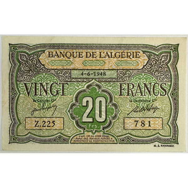 ALGERIE - 20 FRANCS (4.6.1948) BILLET DE BANQUE // Qualité : TTB