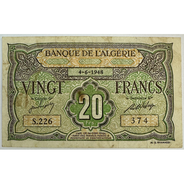ALGERIE - 20 FRANCS (4.6.1948) BILLET DE BANQUE // Qualité : TB