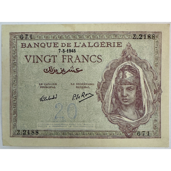 ALGERIE - 20 FRANCS (7.5.1945) BILLET DE BANQUE // Qualité : TTB