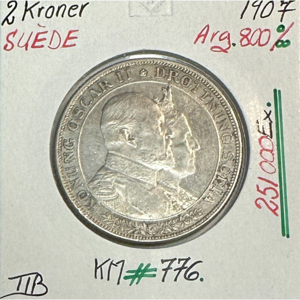 SUEDE - 2 KRONER 1907 - Pièce de Monnaie en Argent // Qualité : TTB