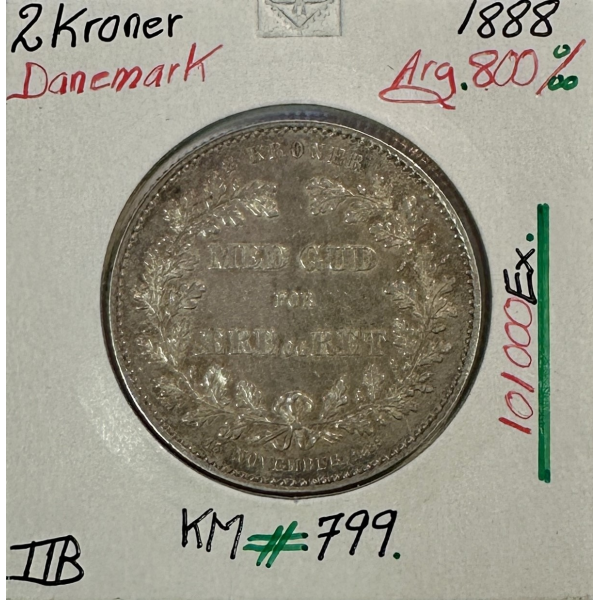 DANEMARK - 2 KRONER 1888 - Pièce de Monnaie en Argent // TTB